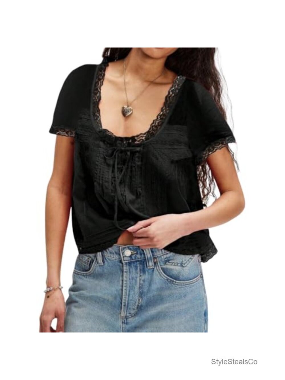 Women Boho Button Down Lace Trim Crop Tee Short Sleeve Scoop Neck Ruffle Tie